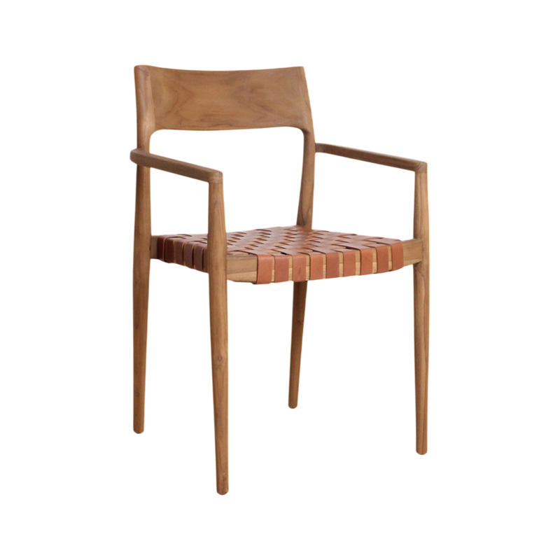 Esszimmerstuhl aus Teakholz mit geflochtenem Naturleder und Armlehnen – 2er-Set
