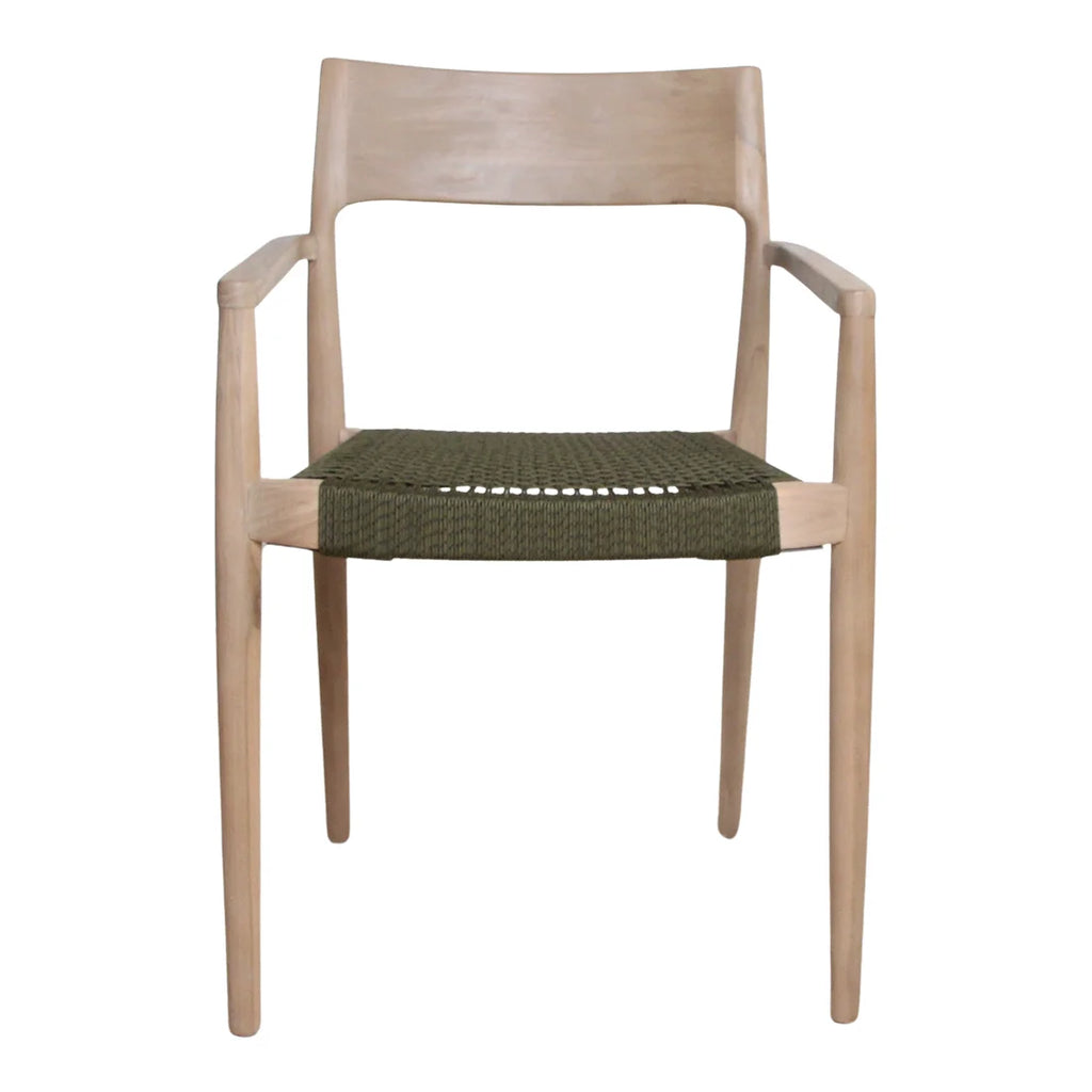 Chaise en teck clair et corde vert olive avec accoudoirs, lot de 2