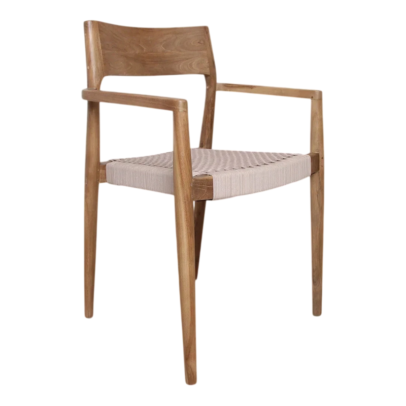 Stuhl aus Teakholz natur mit Armlehnen und Sitzfläche aus beigem Seil – 2er-Set