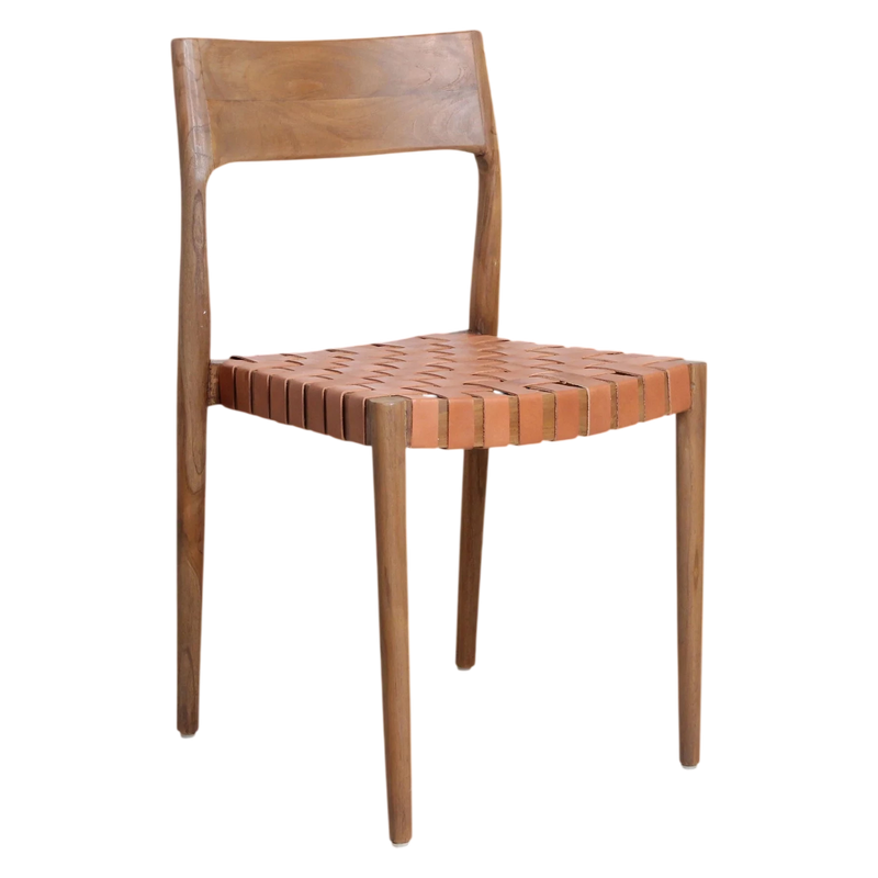 Esszimmerstühle aus Teakholz mit geflochtenem Leder in Cognac – 2er-Set