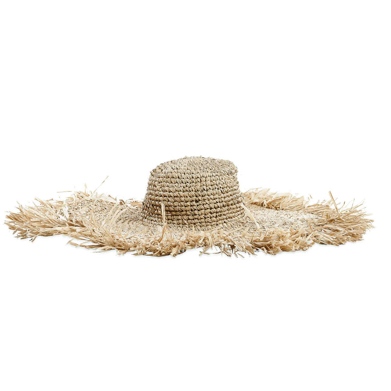 Hut mit breiter Krempe aus geflochtenem Naturraffia mit Fransen