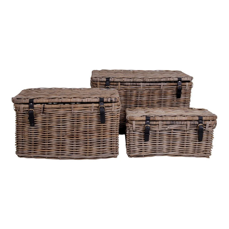 Truhen aus Kubu-Rattan in Grau mit Ledergriffen – 3er-Set