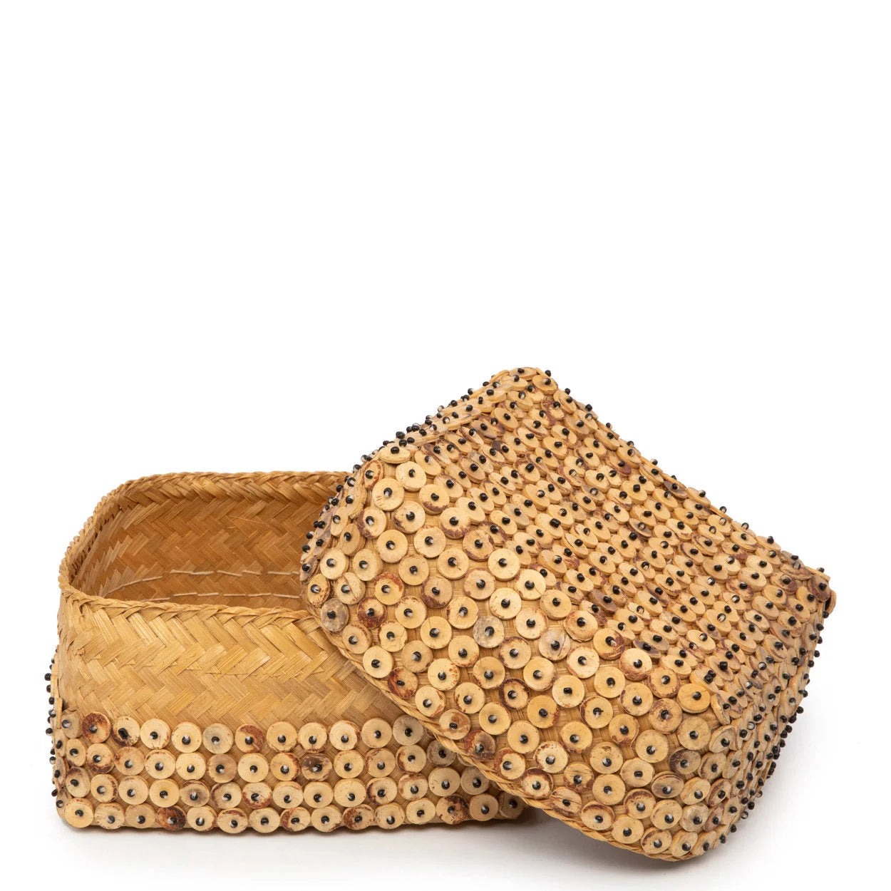 Coffret décoratif en coquilles de coco motif pastilles bois naturel