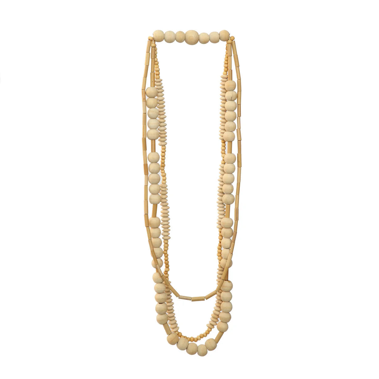 Collier décoratif en perles de bois naturel beige multi-brins