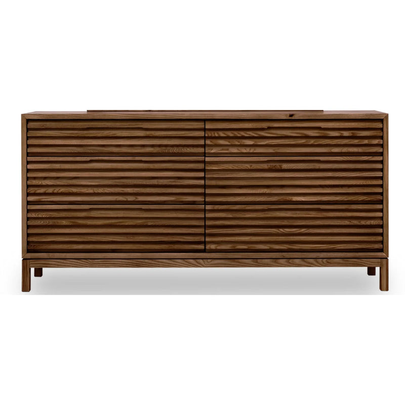 Commode en frêne massif lattes horizontales finition roux – 173x46 cm