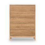 Commode minimaliste bois clair 132x46 cm portes ajourées chêne clair