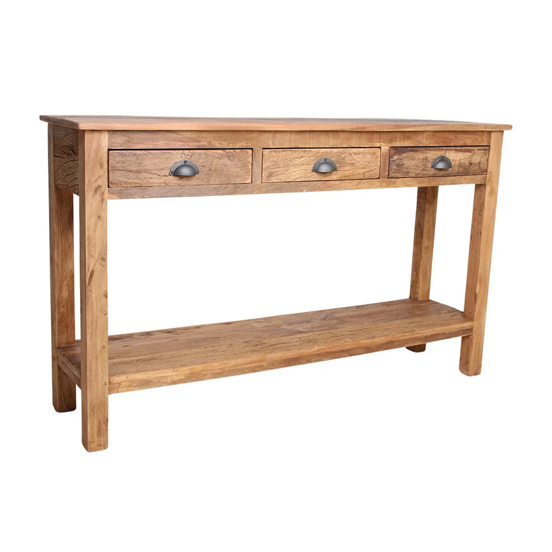 Rustikaler Konsolentisch aus Massivholz mit Schubladen und schwarzen Griffen – 150x38 cm