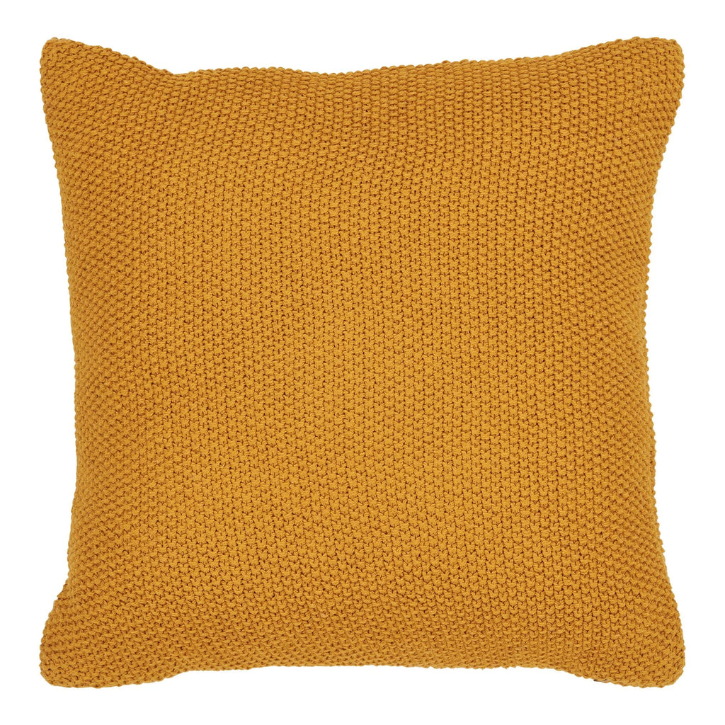 Coussin décoratif carré en coton recyclé ocre texturé, tricoté moutarde