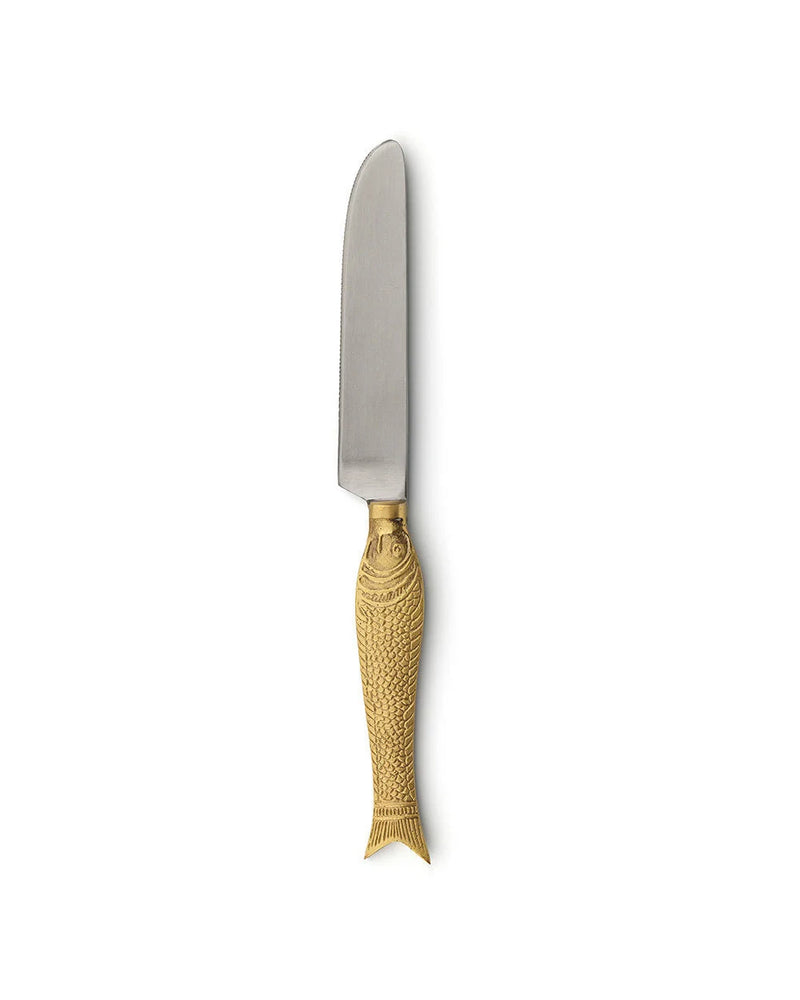 Streichmesser aus Messing goldfarben mit skulptiertem Fischgriff