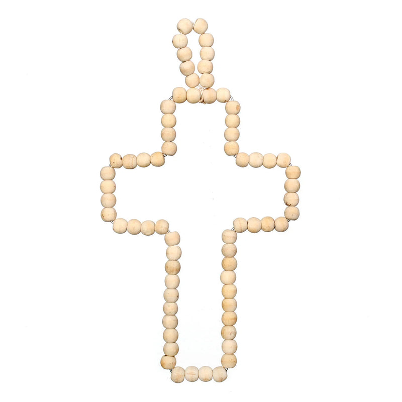 Wandkreuz aus Perlen aus Naturholz zum Aufhängen – 40 x 22 cm