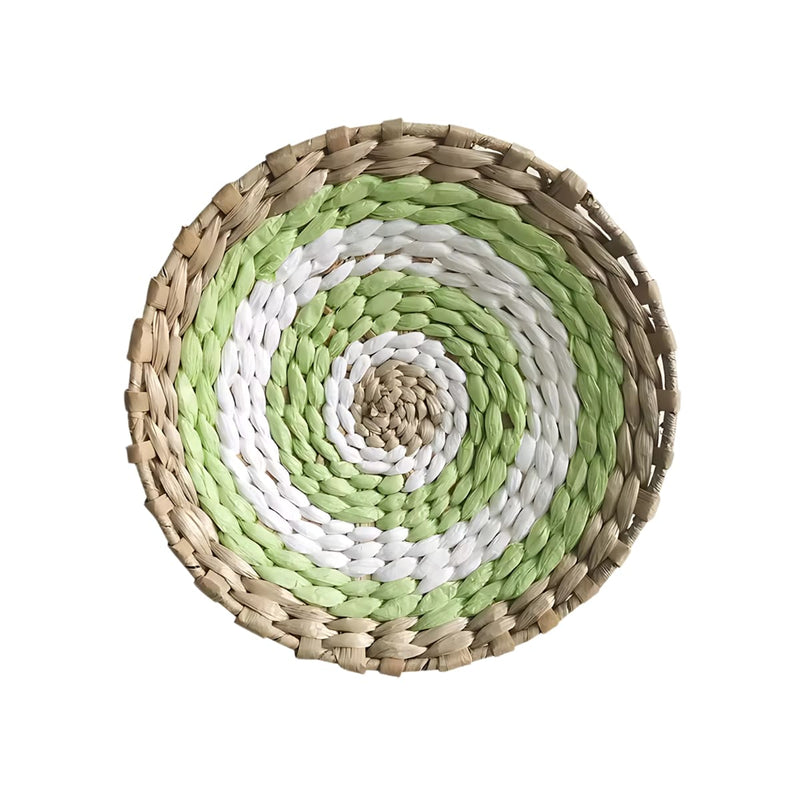 Runde Wanddeko aus Rattan in Grün und Weiß
