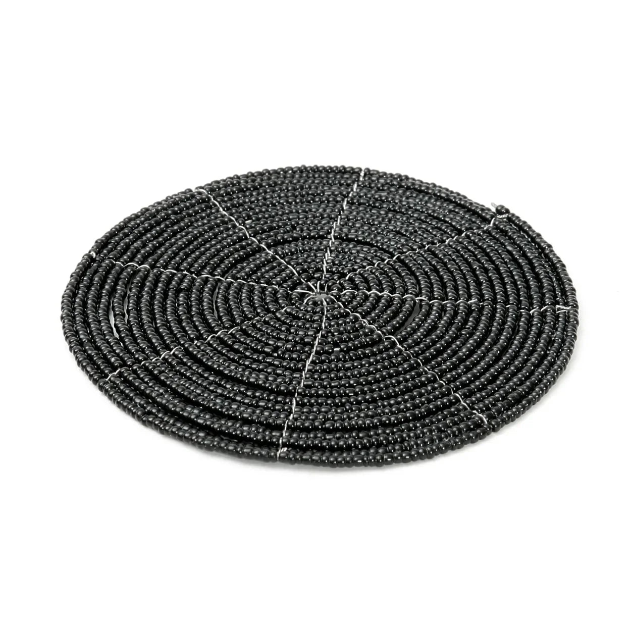 Dessous de verre rond en perles noires motif spirale, napperon circulaire élégant