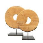 Sculptures en bois en forme d’anneaux sur supports en métal noir pour décoration intérieure