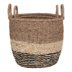 Panier en jonc de mer naturel noir, design rayures beige crème