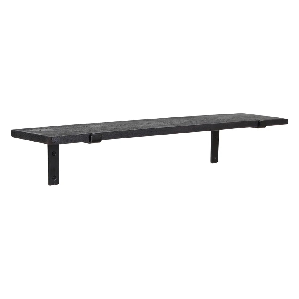 Étagère murale bois noir métal industriel rectangulaire 80x15 cm noircie patinée avec équerres en L robustes