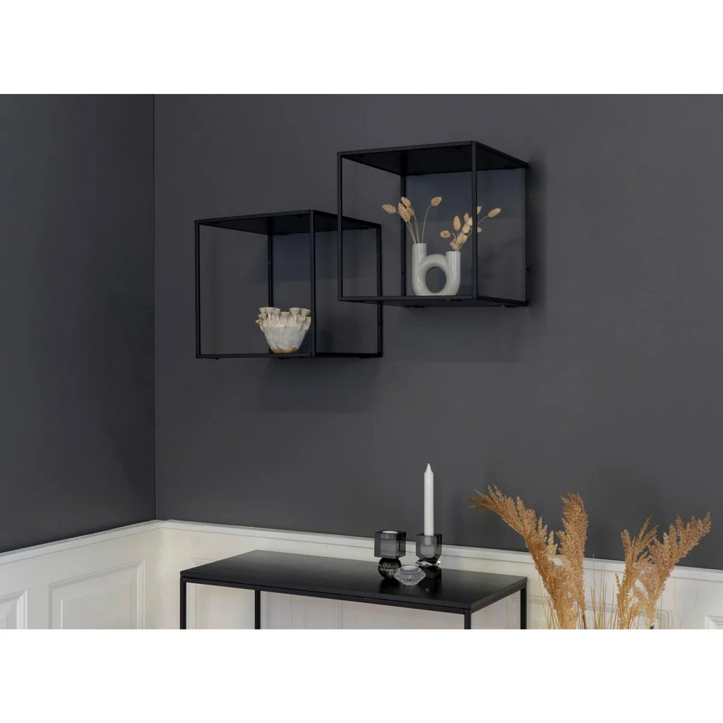 Étagère murale cube métal noir bois texturé 36x36x36 cm