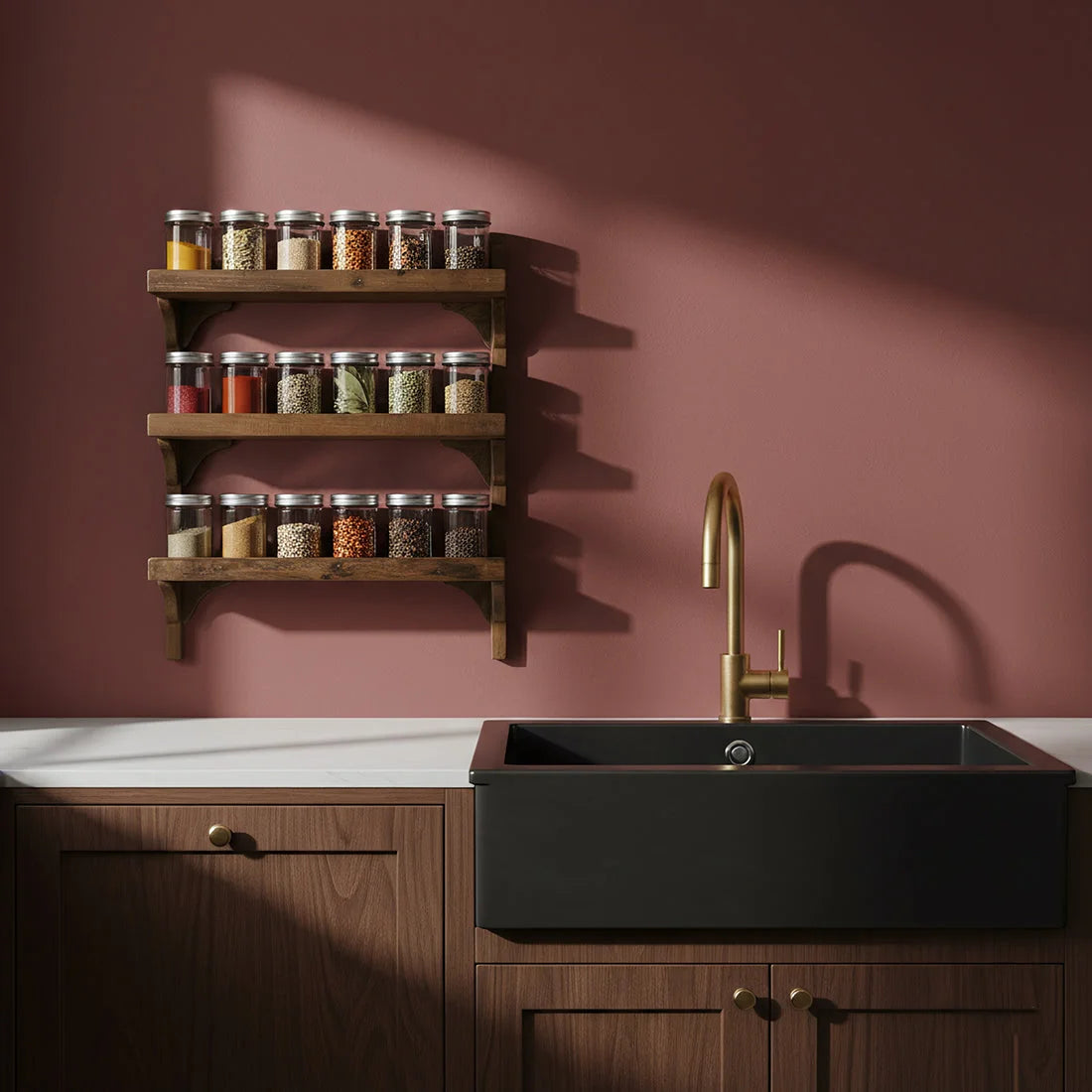 Évier farmhouse noir avec robinet doré et étagère murale industrielle bois recyclé
