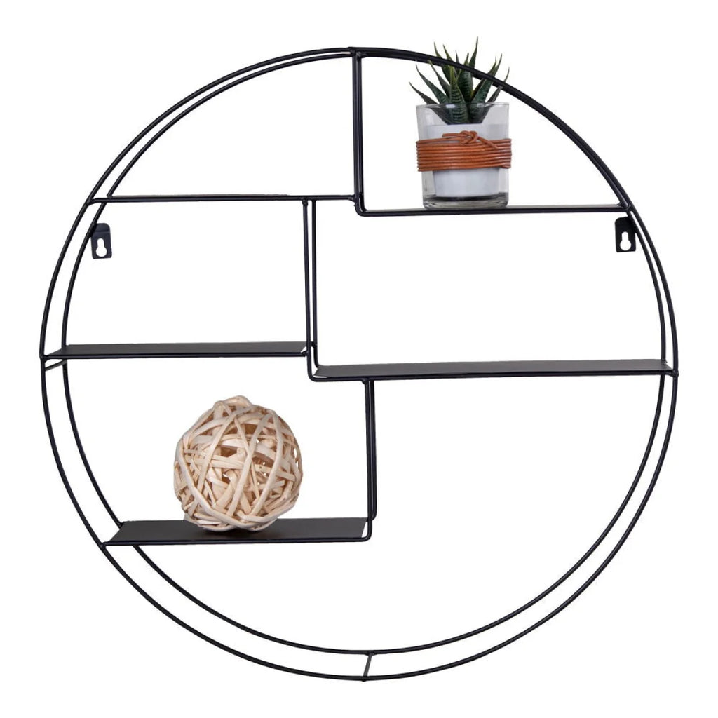 Étagère murale ronde en métal noir avec compartiments géométriques, Ø47 cm