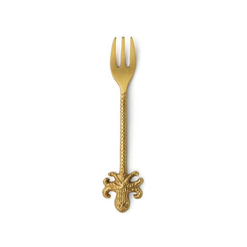 Goldfarbene Gabel aus Messing mit geschnitztem Oktopus-Motiv
