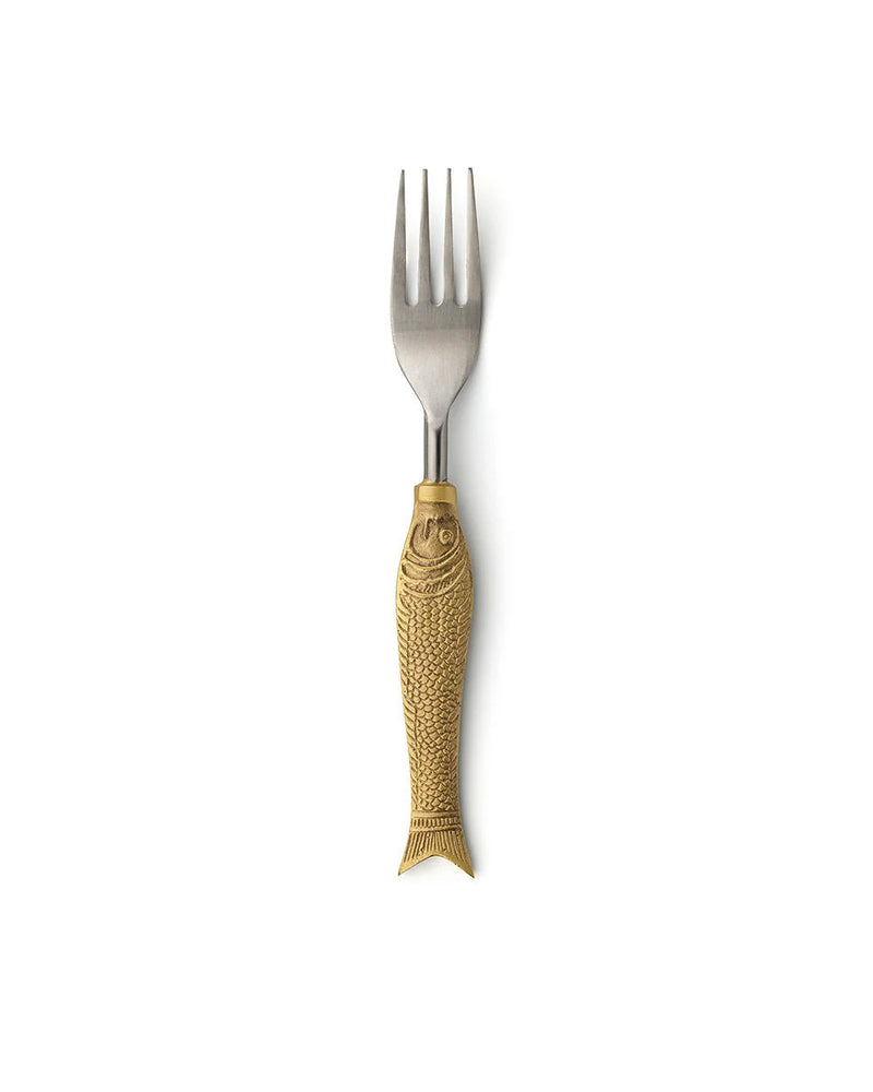 Goldfarbene Servier-Gabel mit Fisch-Griff aus Messing und Edelstahl