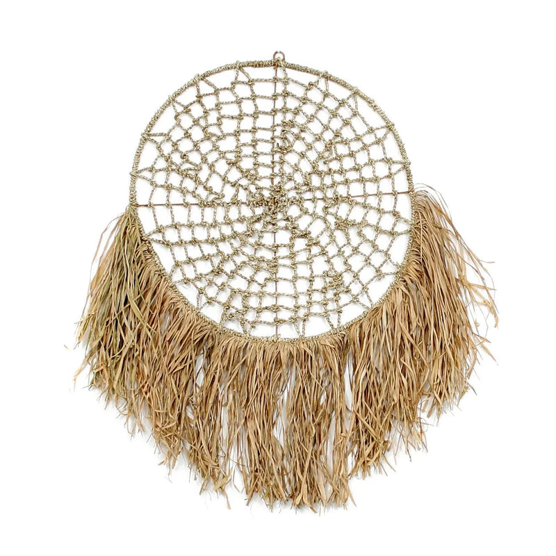 Großer runder Traumfänger aus Raffia und Seegras Natur mit Fransen