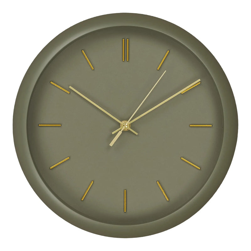 Runde Wanduhr aus Metall in Khakigrün mit goldenen Zeigern – Ø30 cm