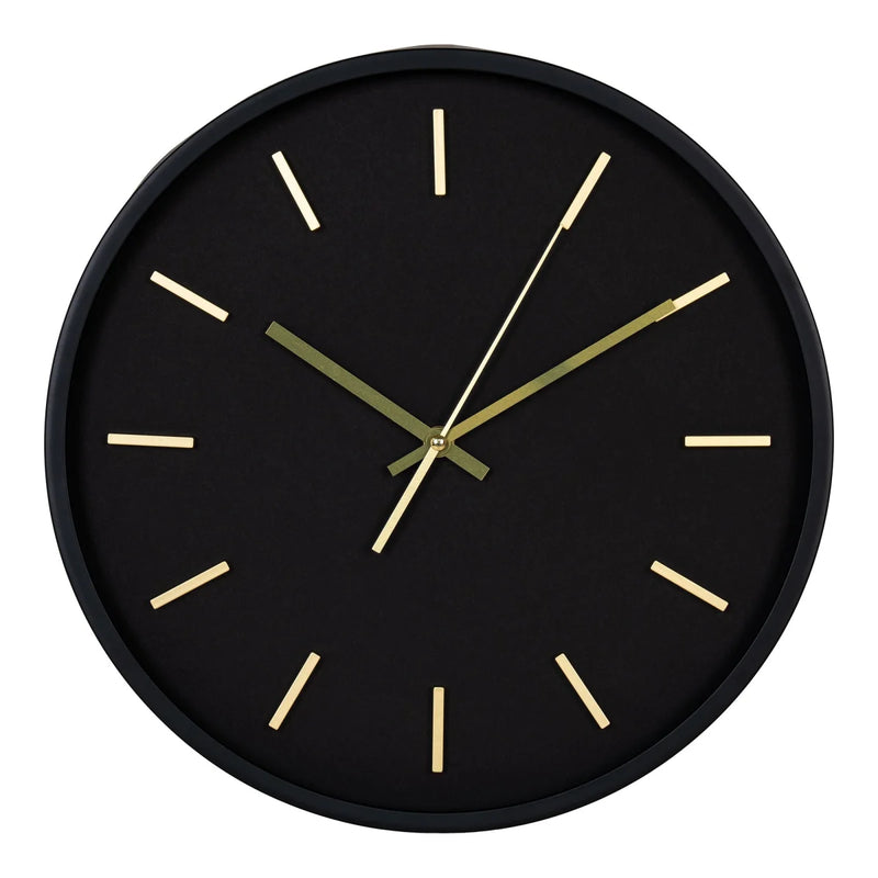 Runde Wanduhr aus Glas und Metall in Schwarz mit goldenen Details – Ø35 cm
