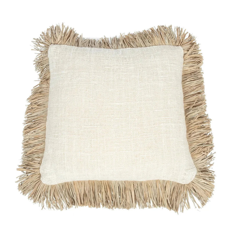Quadratischer Kissenbezug aus Baumwolle und Raffia Natur mit Deko-Fransen