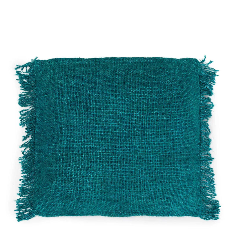 Quadratischer Kissenbezug aus strukturierter Baumwolle in Aqua mit Fransen – 60x60 cm