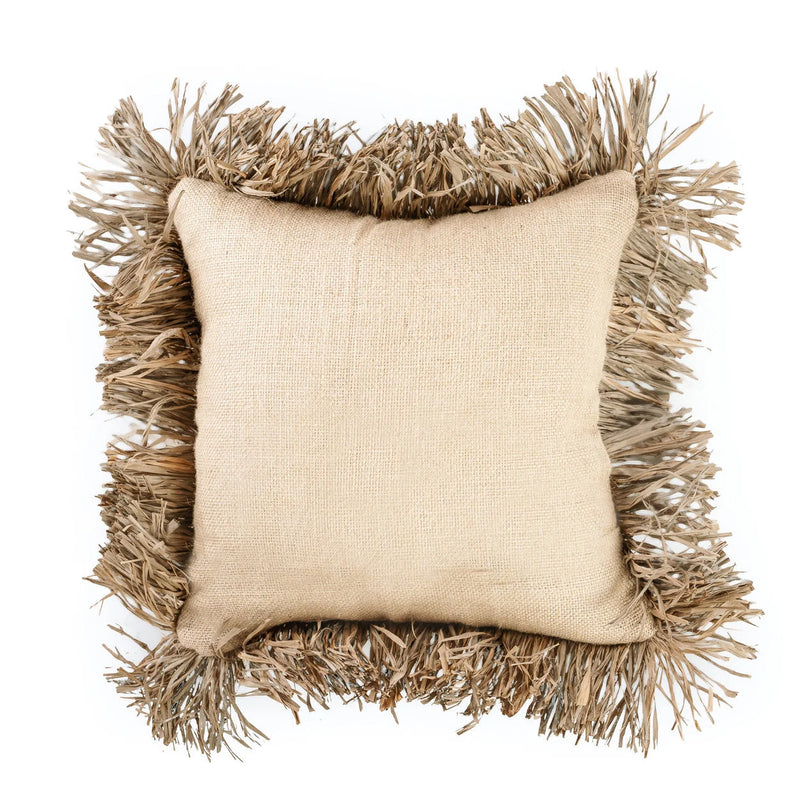 Quadratischer Kissenbezug aus Jute und Raffia in Beige mit Fransen