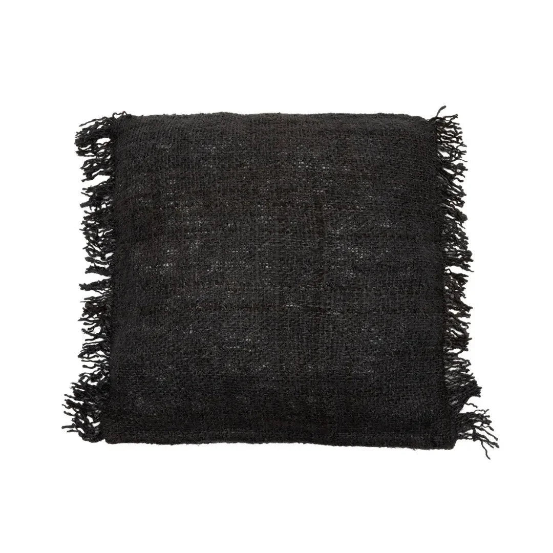 Coussin noir frangé en coton avec texture tissée, dimensions 60x60 cm