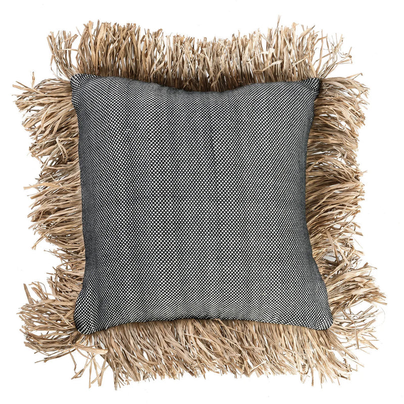 Kissenbezug aus Baumwolle in Schwarz mit Raffia-Fransen – 40x40 cm