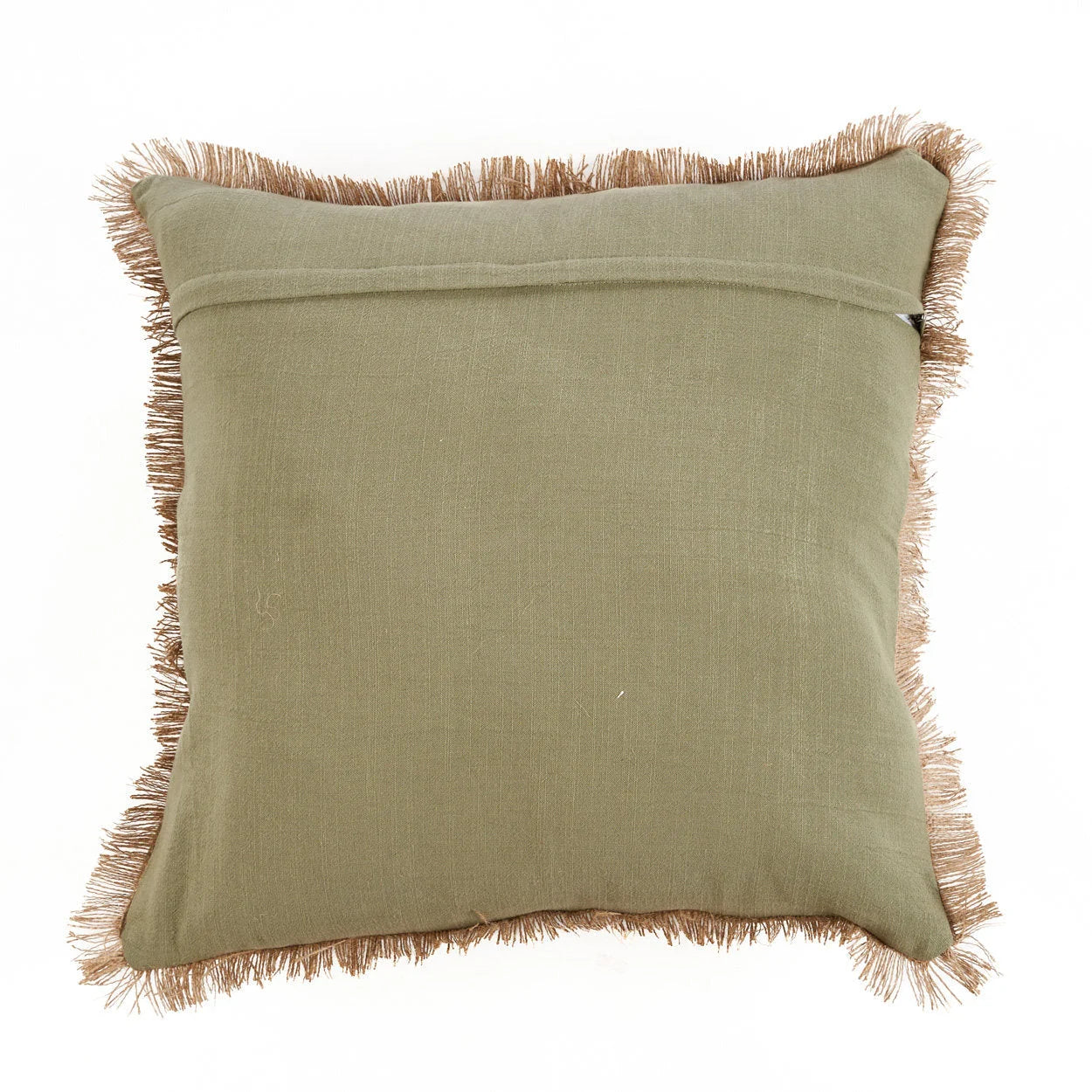 Housse de coussin coton vert olive avec broderie florale frangée