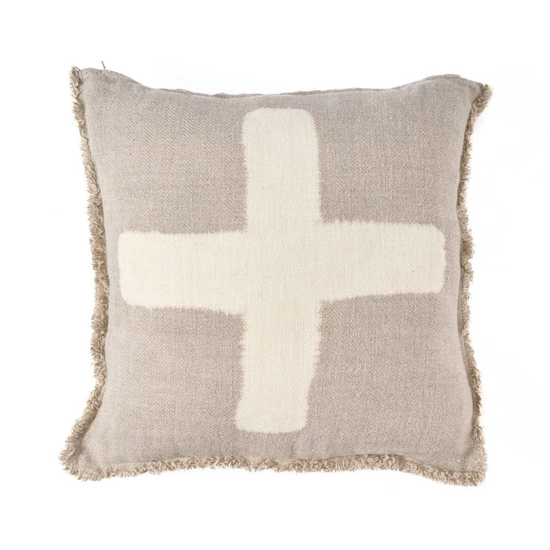 Kissenhülle aus Leinen in Beige mit Kreuzmuster und Fransen – 50x50 cm