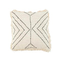 Housse de coussin carrée crème 50x50 cm en raphia naturel avec couture géométrique noire et bords effilochés pour salon