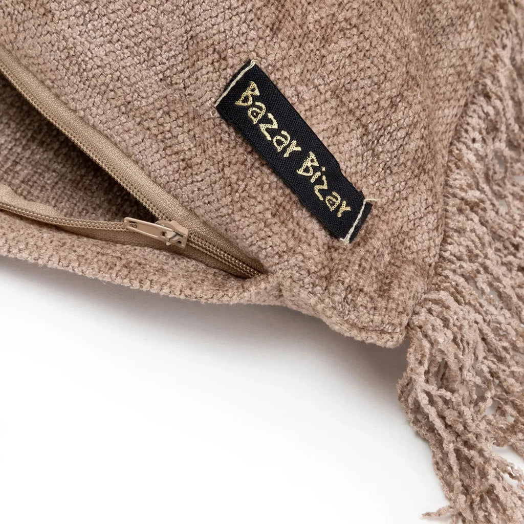 Housse de coussin velours béton 100x35 cm, beige avec frange et fermeture éclair