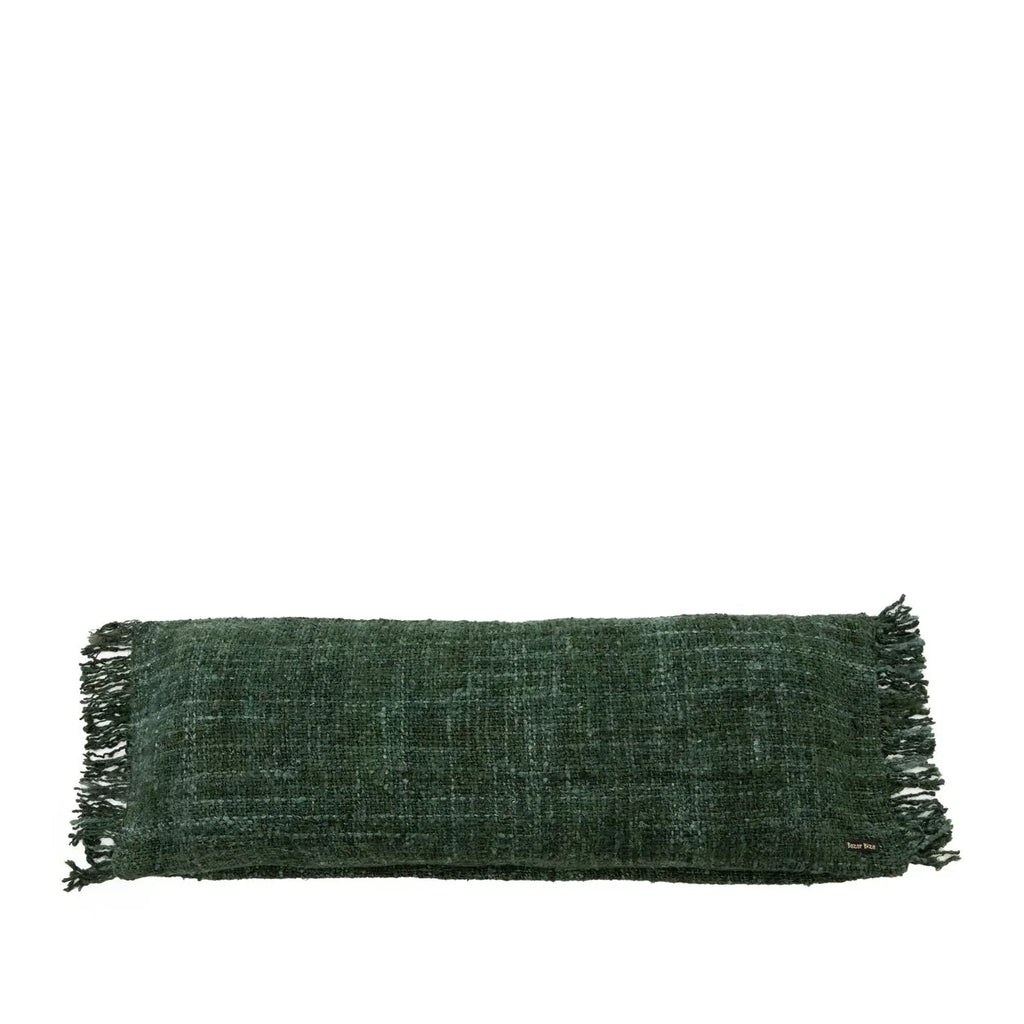 Housse de coussin vert forêt rectangulaire en coton tissé avec franges 35x100 cm