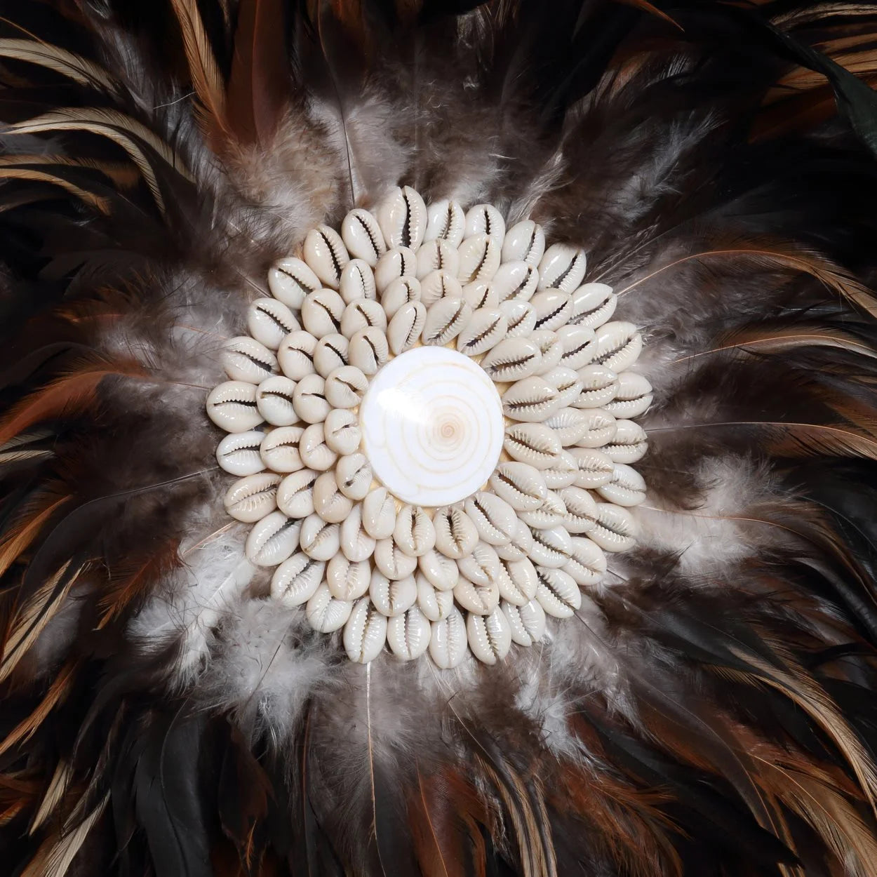 Juju hat mural rond en plumes marron coquillages avec coquilles blanches et plumes colorées