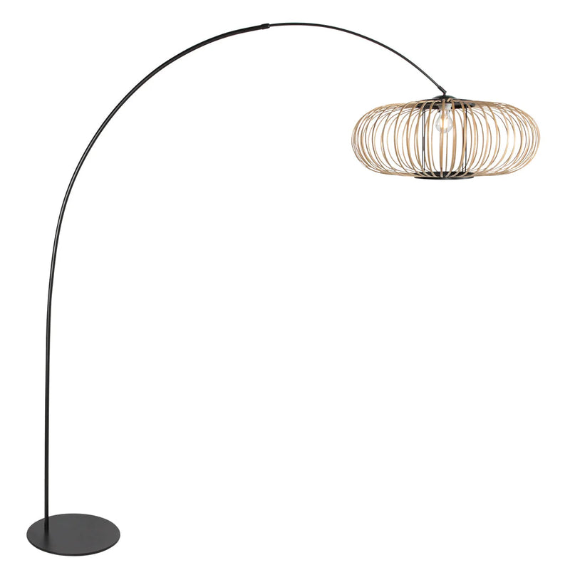 Bogenlampe aus schwarzem Metall mit Schirm in Rattan-Optik – H190 cm