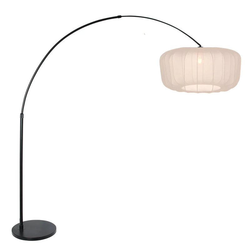 Lampadaire à arc noir abat-jour lanterne blanc nervuré – H180 cm