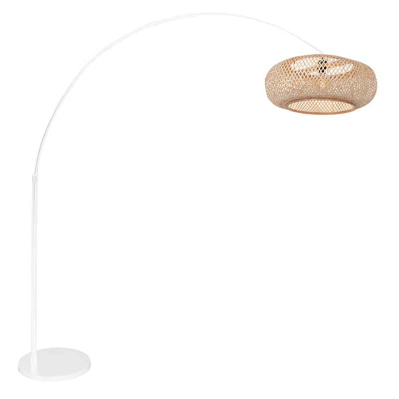 Bogenlampe mit offenem Naturfaser-Schirm in Weiß und Stroh – H180 cm