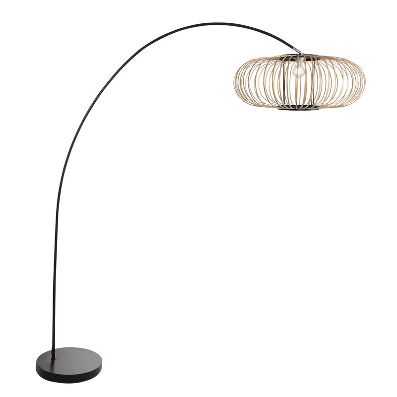 Lampadaire arc filaire métal noir et abat-jour ovale effet rotin