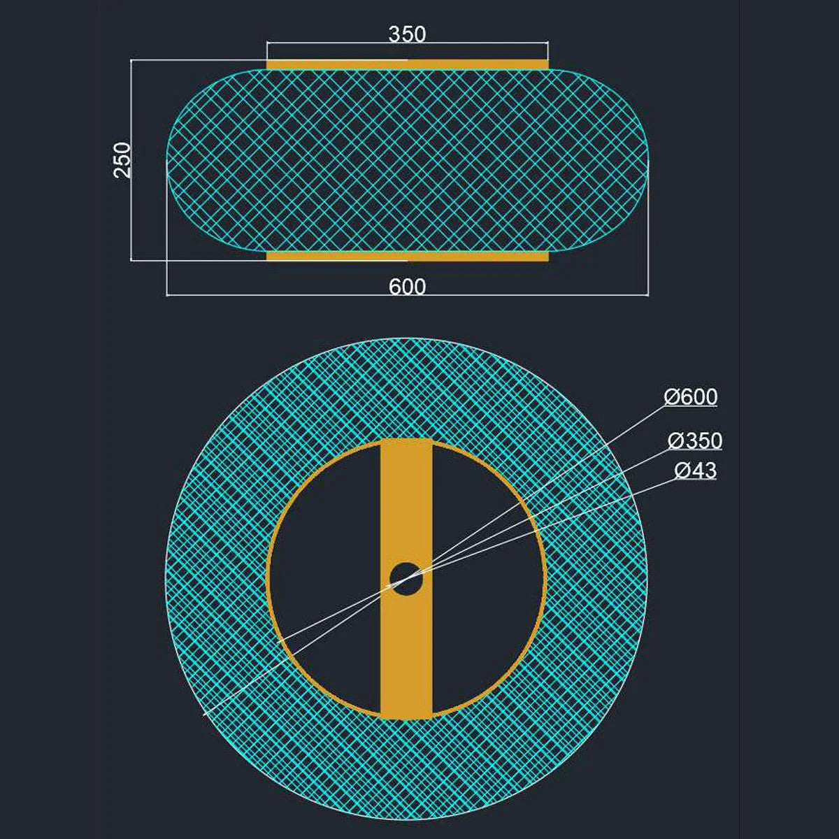 Dessin technique d’une bobine avec dimensions pour Lampadaire arc métal noir bronze