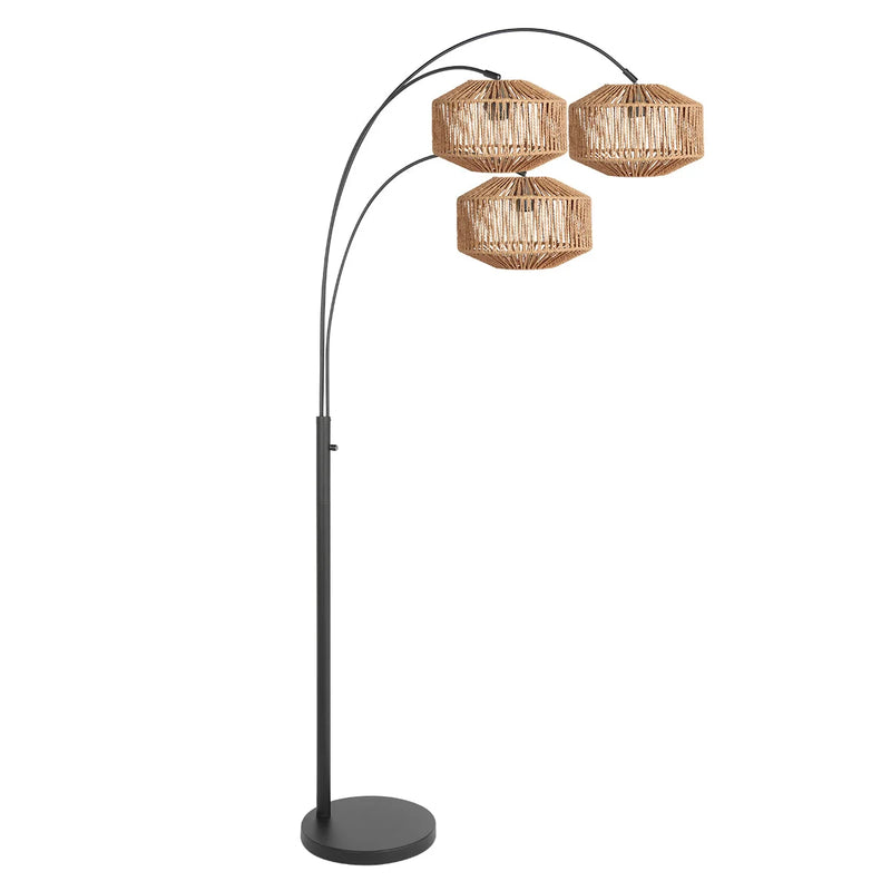 Lampadaire arqué 3 bras en métal noir abat-jour fibre tressée