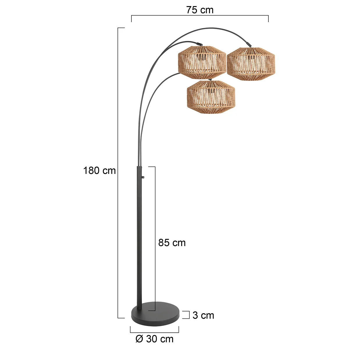 Lampadaire arqué 3 bras métal noir abat-jour fibre tressée