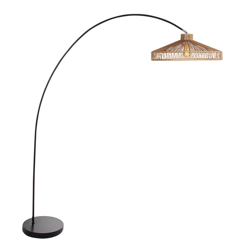 Bogenlampe aus schwarzem Metall mit offenem Schirm aus geflochtenem Seil – H185 cm