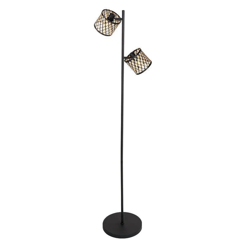 Stehlampe aus schwarzem Metall mit Schirmen aus Rohrgeflecht – H160 cm