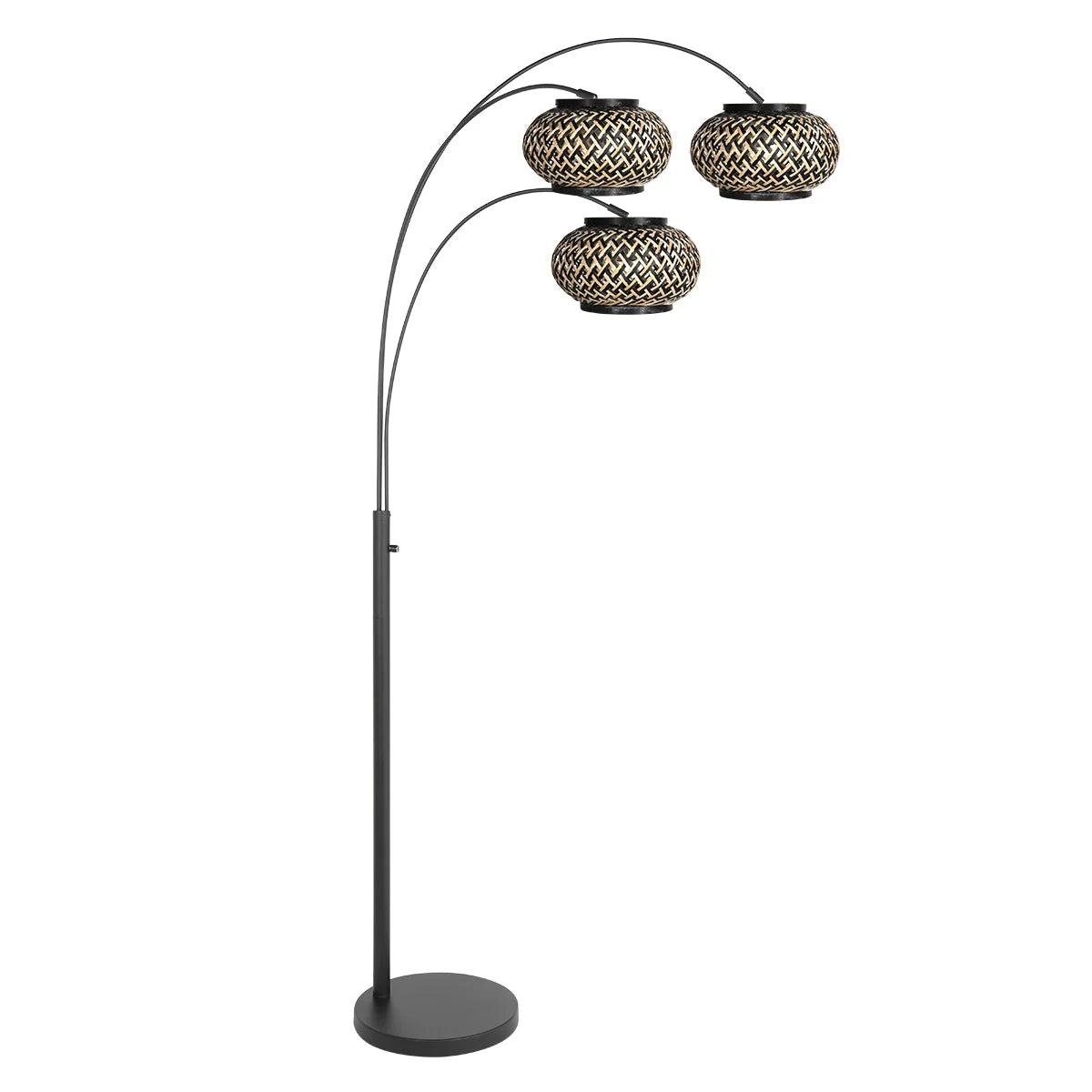 Lampe sur arche noire en rotin tressé beige et or, H180 cm