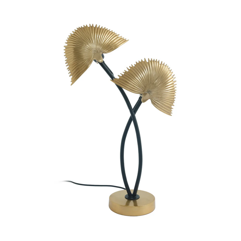 Lampe à poser double feuille dorée en métal sculpté noir et or – H60 cm