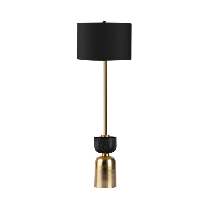 Tischlampe aus schwarzem Marmor und gebürstetem Messing mit Stoffschirm – H127 cm